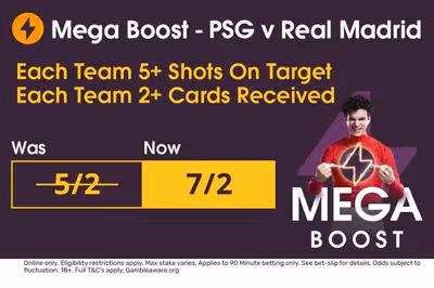 PSG v Real Madrid odds boost: Get 7/2 on both teams to have 5+ shots on target and 2+ cards with Tote